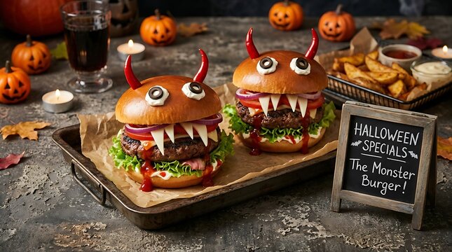 Two Spooky Monster Burgers with Chili Horns and Cheese Fangs for a Fun Halloween Party Celebration