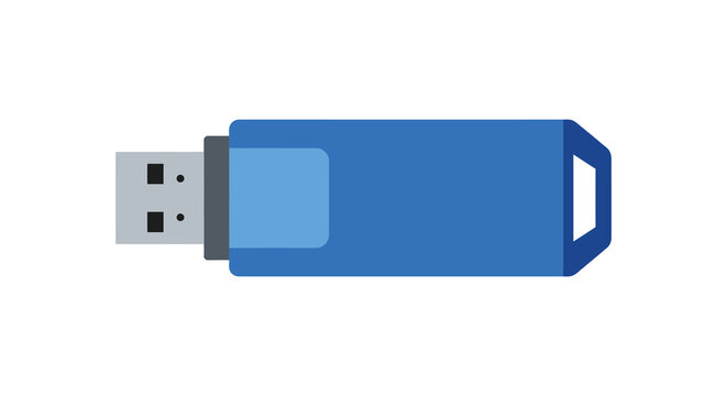 A blue usb flash drive rests on a white background depicted as a flat vector illustration