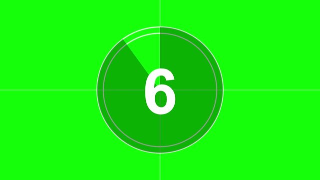 Digital countdown timer overlay with a white number six centered on a circular progress bar element against a bright green chroma key background