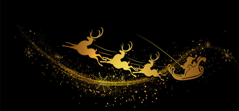 Merry Christmas.2027.Exquisite golden isolated drawing of Santa Claus racing in a sleigh with reindeer.