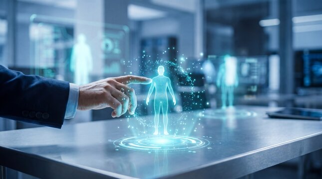 A business professional interacts with a glowing human body hologram on a digital interface table with anatomy hologram reflective manipulate blue wireframe