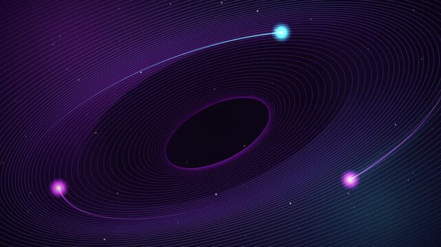 Futuristic 3D motion graphic animation of glowing neon pink and blue particles orbiting a central dark black hole along curving electromagnetic grid lines on dark cosmic background concept