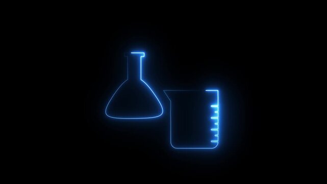 Glowing blue neon chemistry flask and beaker icon