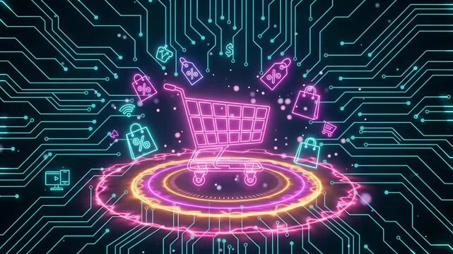 Online Shopping Cart Neon Icon glowing over digital circuit board with floating discount bags, e-commerce sale promo motion graphic loop
