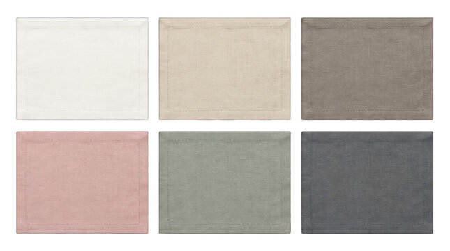 Six rectangular fabric placemats in various neutral and pastel shades arranged in a 2x3 grid isolated on transparent background