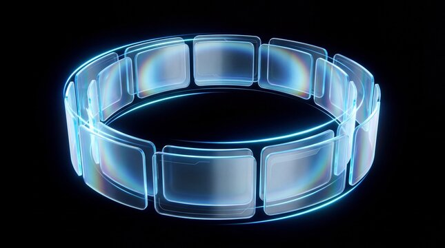 A circular arrangement of glowing blue glass panels floating against a solid black background with translucent rectangular glass glowing light edges