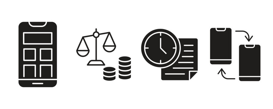 Mobile app interface with scale coins clock document and phone transfer icons representing financial planning and digital transactions
