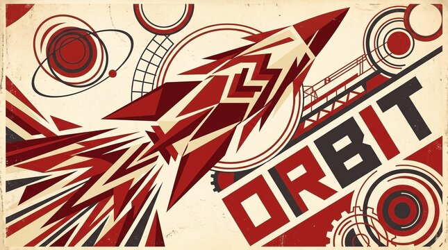 Vintage Constructivist Space Rocket Poster Set with "ORBIT" Typography