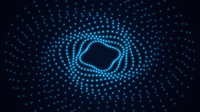 Futuristic blue glowing particles spiral tunnel animation seamless loop rotating luminous cyan dots forming hypnotic vortex wave motion background for sci fi technology digital cyber presentation