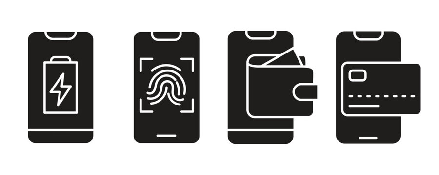 Mobile phone icons showing battery fingerprint wallet and credit card for digital transactions