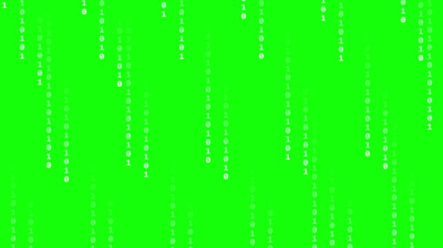 Digital binary code raining down on green screen background for video editing and chroma key composition data stream concept