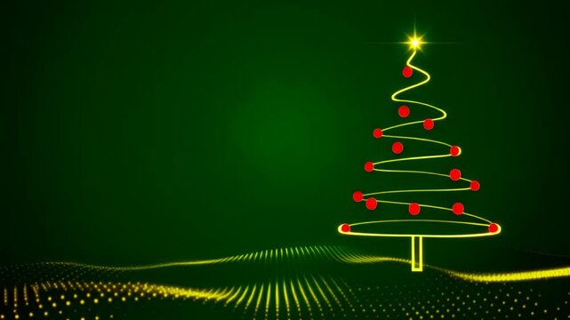 Animated flat vector Christmas tree outline in thin glowing gold line with red ornaments and shining star on dark green background with golden particle wave, festive holiday motion graphics with copy 
