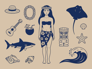 Hawaiian Culture and Tropical Island Icon Set with Hula Girl, Tiki, and Marine Life Illustrations © Saimen