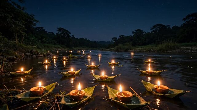 Floating lanterns illuminate a river during a diwali celebration with fireworks in the night sky festival