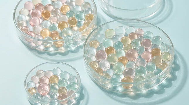Colorful hydrogel spheres in glass petri dishes for scientific