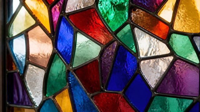 Stained glass window with colorful geometric patterns, bright festive mood, decorative style in red-blue-green tones, decoration for Easter and Christmas