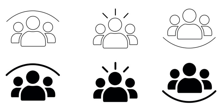 Minimalist black team icon set, outline group symbols for user interface, modern family and people logotypes for web and app design