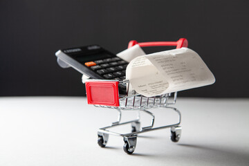 Shopping cart with receipt and calculator on white background. Shopping concept. © Artvibe