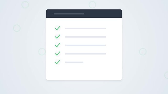 Digital checklist icon illustration featuring completed tasks with green checkmarks on clean user interface card for business management and productivity