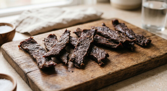 Beef jerky strips arranged on rustic wooden cutting board with rosemary sprigs for ancestral carnivore snacking