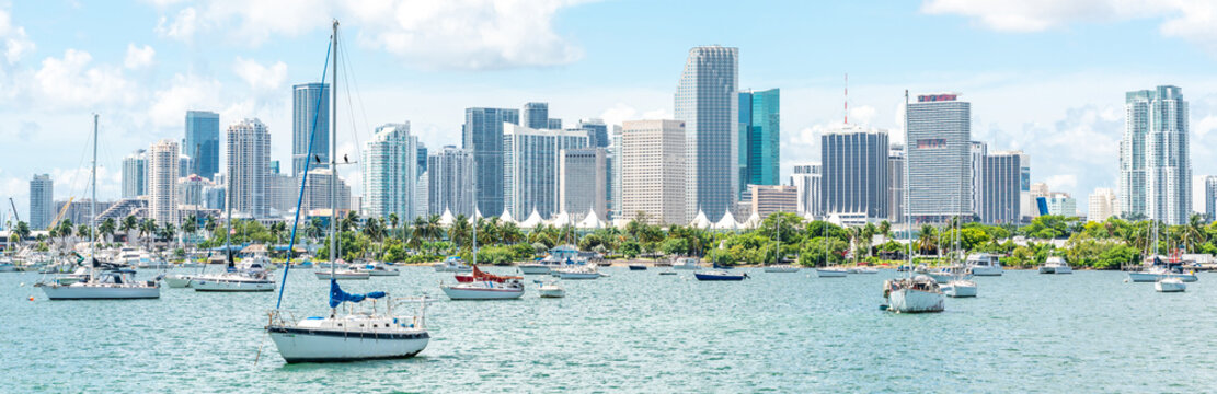 Miami skyline with yachts, boats and skyscrapers