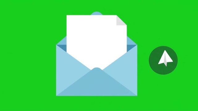 Animated open envelope with letter and send button on green screen.
