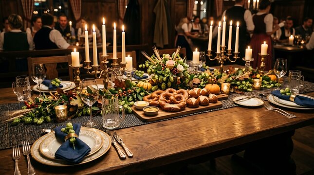 Elegant Oktoberfest Table Setting With Candles And Pretzels