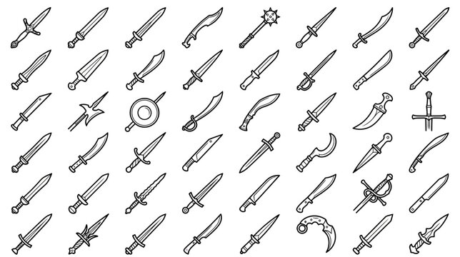 Assortment of Medieval Weapon Icons on Transparent Background