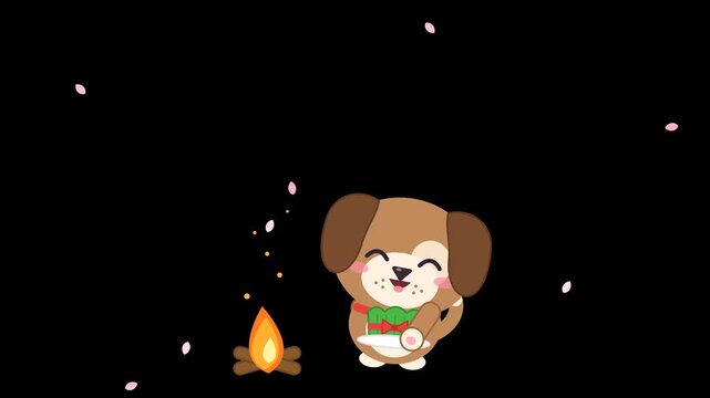 Cute brown puppy holding samani wheatgrass beside a Novruz bonfire, cartoon dog character seamless loop animation, transparent background