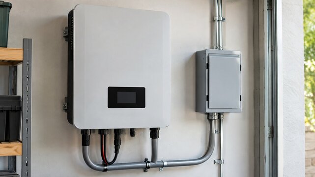 Residential solar inverter installation with metal conduit and electrical panel on garage wall