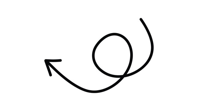 Hand drawn black arrow with a loop, isolated on a white background, indicating direction, movement, or a circular path for