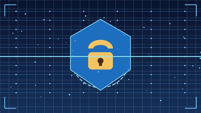 Digital shield with padlock rotates against a dark blue data stream security lock cybersecurity protection encryption