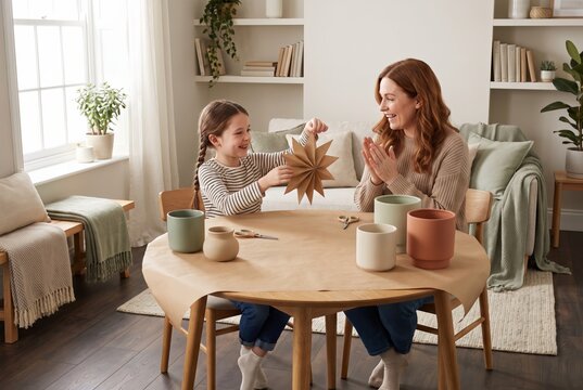 Mother and daughter doing a craft together at the table