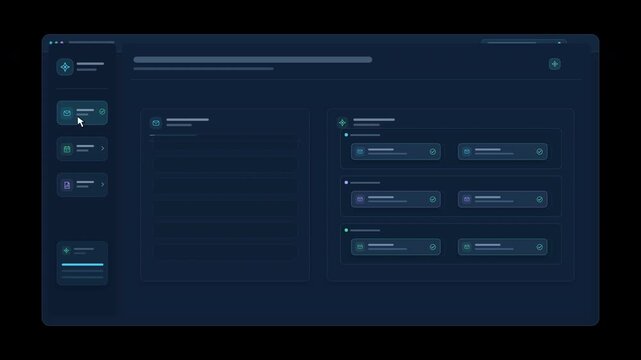 Minimalist digital dashboard interface featuring glowing neon UI elements for data management tasks within a dark mode software application user environment