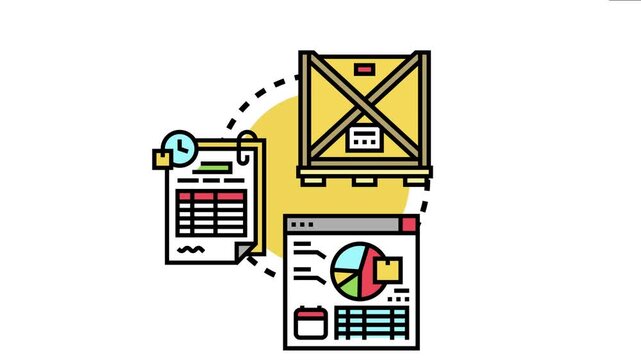 Overstock management process with a large wooden box, financial documents, and data analytics charts, inventory control and surplus goods planning