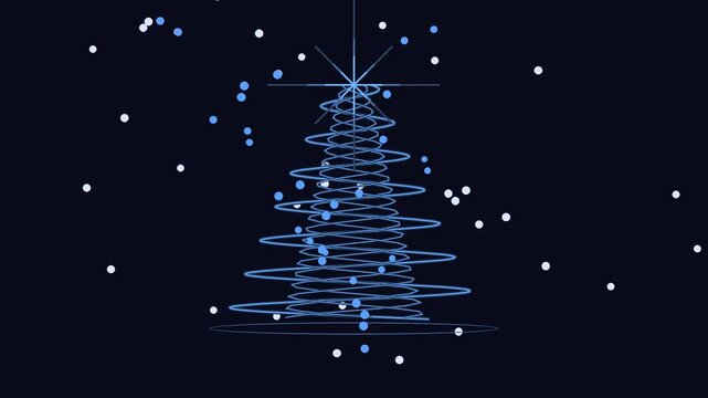Glowing christmas tree spirals upward amidst falling snowflakes in a dark setting holiday festive seasonal winter