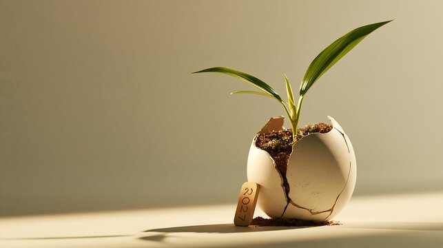 A small green plant growing from a cracked white eggshell with a wooden tag labeled 2027, set against a soft beige background