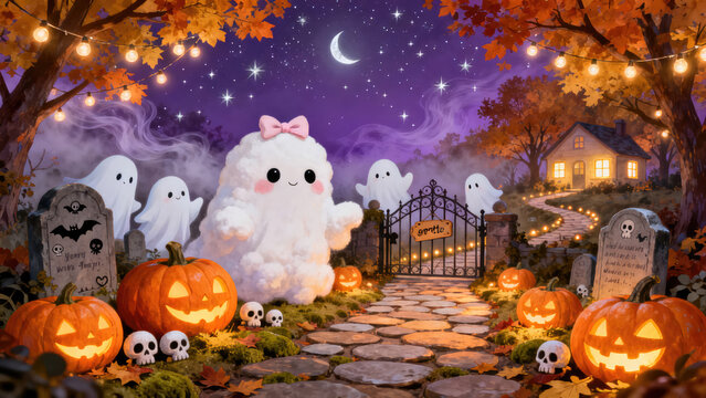 Adorable white ghosts float above glowing jack o lanterns in this whimsical cemetery graveyard scene during a vibrant halloween night, halloween holiday festive image design