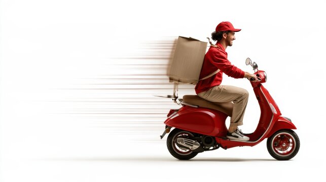 Fast delivery courier on red scooter carrying large package with motion blur for express shipping in city