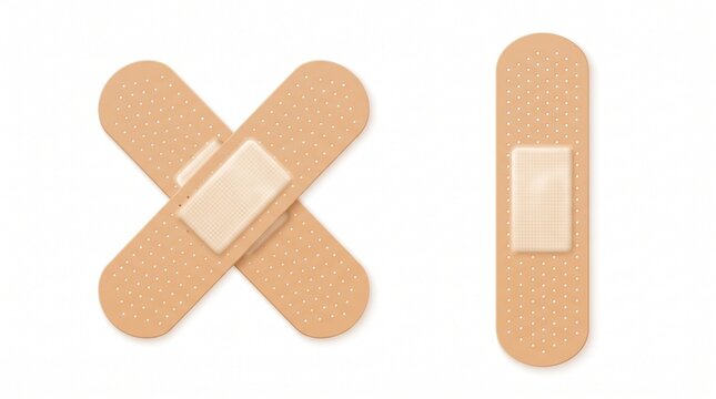 Medical adhesive bandages arranged in cross and vertical shapes isolated on white background