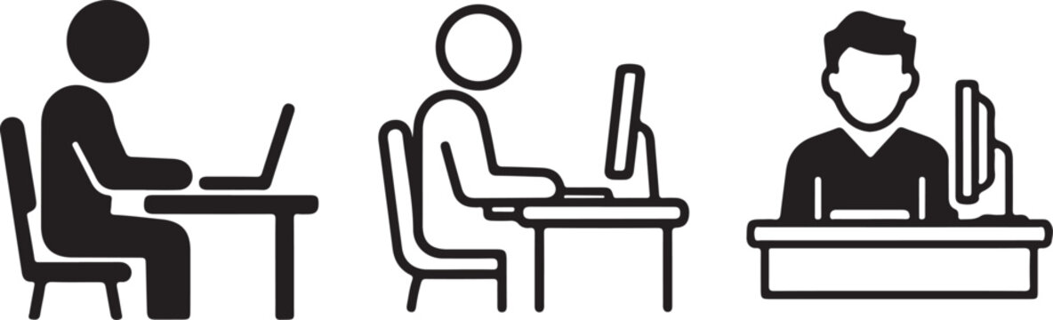 different style person working at computer desk icon outline line art silhouette vector set