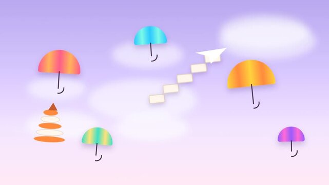 Colorful umbrellas and curved staircase floating in dreamy lavender sky with giant paper plane