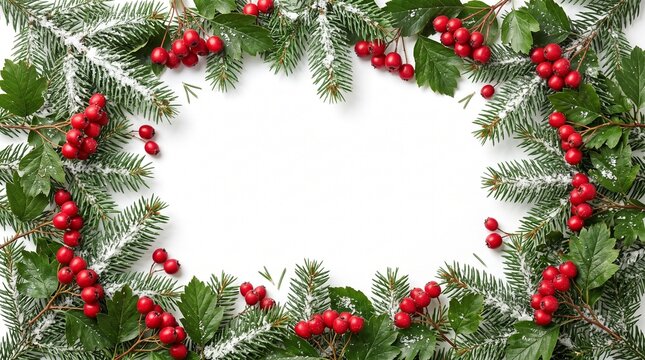 Festive winter holiday frame featuring evergreen pine branches and bright red berries arranged on white background