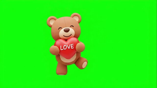 Brown teddy bear holding a red love heart on a green screen. Suitable for valentines, gifts, children, romance, and animations.