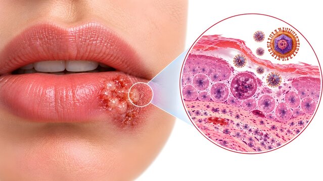 Herpes Labialis with Oral Lesions and HSV Infection Medical Illustration