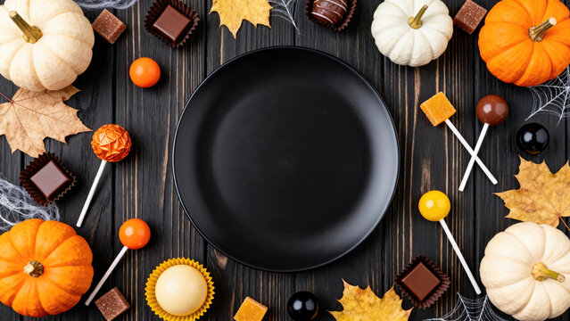 A festive Halloween arrangement features mini pumpkins, assorted chocolates, caramel candies, and autumn leaves, all surrounding a central black circle on a dark wooden background.,