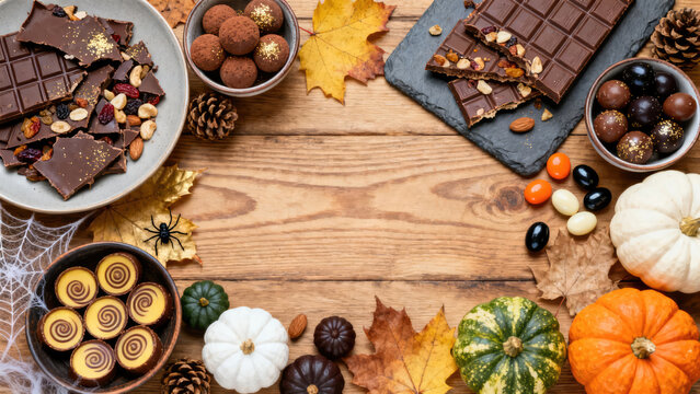 A festive Halloween spread features an assortment of delectable homemade treats, including rich chocolate balls and colorful candies, artfully arranged alongside mini pumpkins, pinecones.
