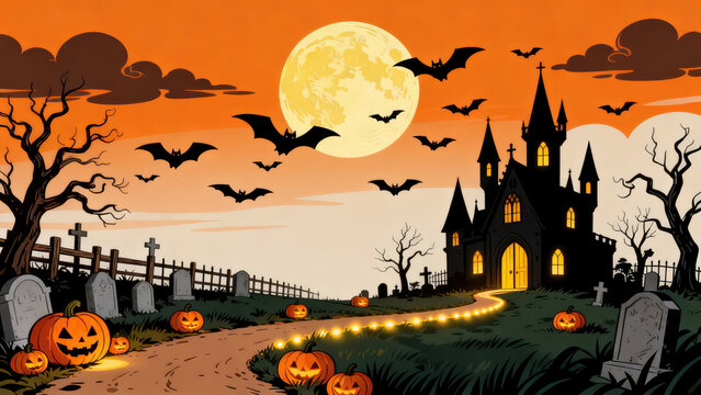 A spooky halloween landscape featuring a haunted mansion on a hill with a giant full moon and glowing jack o lanterns, halloween holiday festive image design