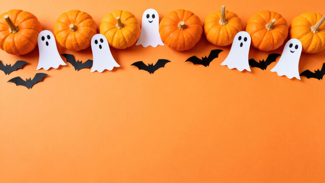 Festive halloween background featuring small orange pumpkins with cute white ghosts and black bats arranged on a vibrant orange surface, halloween holiday festive image design