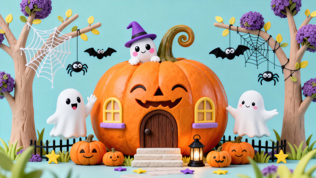Cute 3d halloween scene featuring a pumpkin house with friendly ghosts bats and spiders on teal background, halloween holiday festive image design